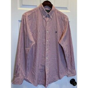 Ralph Lauren Mens Red White Striped Classic Fit Button Up Shirt 16 34 35